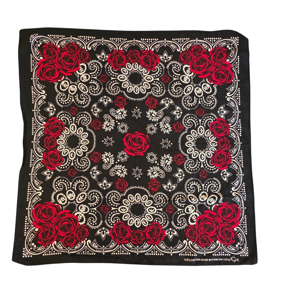 Vintage Hav-A-Hank Elephant Brand Black Red Rose Paisley Bandana RN 13962 Goth